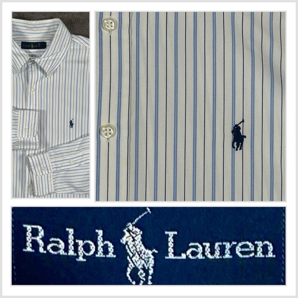 Ralph Lauren Men's XL White W/ Blue Stripes Button Down Long Sleeve Cotton Shirt